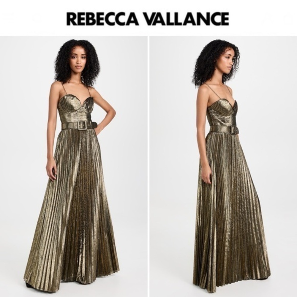 Rebecca Vallance Gold Josie Pleated Lame Belted Gown sz 0 1040$